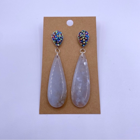 Chalcedony Agate Hanging Teardrop Rhinestone Stud Closure Earrings - Picture 1 of 4